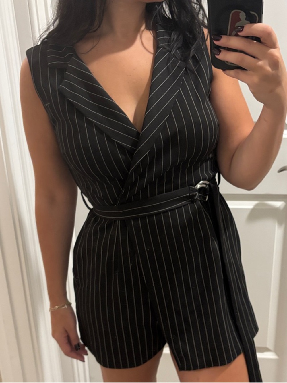 FAVLUX Black Pinstripe Sleeveless Wrap Romper with Belt